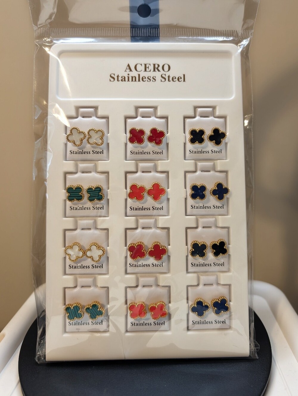 12 Pairs Clover Stainless Steel Stud Earrings| Colorful Gift Set| New